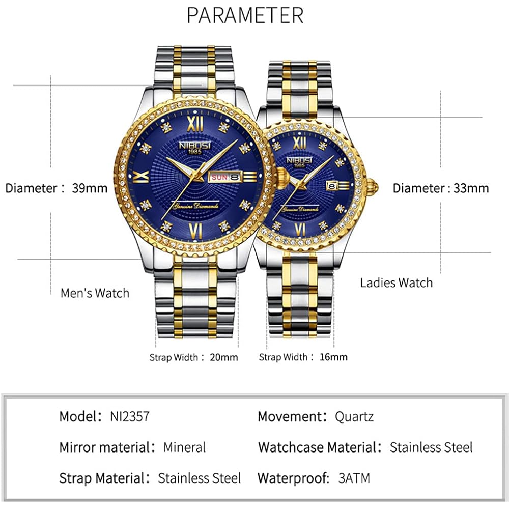 Pair Classic Stainless Steel Watches for Couples with Diamond Accents, Waterproof, Gold Finish