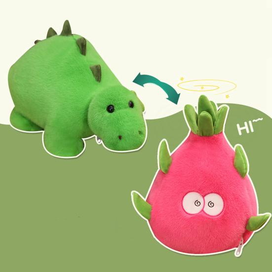 Dinosaur Plush Toy Reversible Dragon Fruit Plushie Transformable Stuffed Dino Doll Pillow Home Office Bedroom Decoration Kids Adults Gift