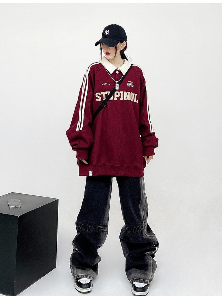 Damska modna koszulka POLO z długim rękawem o luźnym kroju w stylu preppy retro, z haftem literniczym, kołnierzykiem typu turn-down i paskami bocznymi