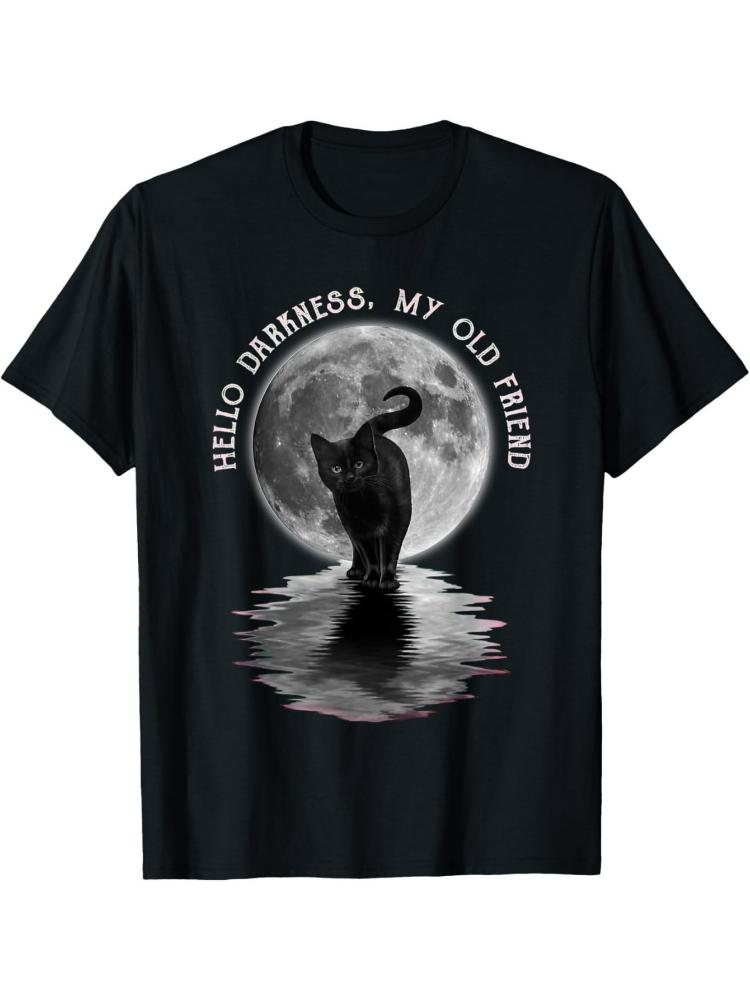Black Cat Moon Halloween Hello Dark My Old Friend pattern design100 cotton Oneck short sleeve casual printed Tshirt