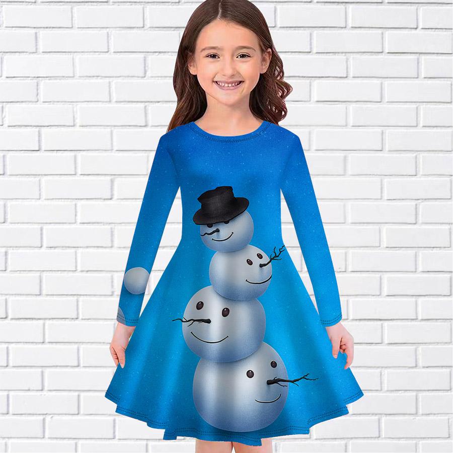 Flicka Ledig Snögubbe Present Tryck Rund Hals Långärmad Klänning Barn Prinsessklänning