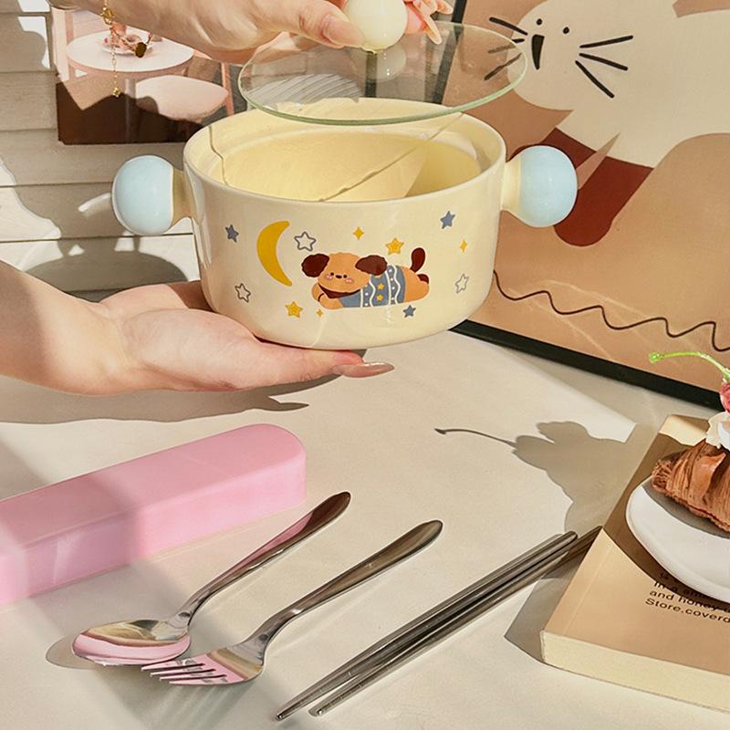 High-value Cute Puppy Instant Noodle Bowl with Lid, Large-capacity Dormitory Students Playing Rice Bowl, Microwave Oven, Snail Noodle Bowl