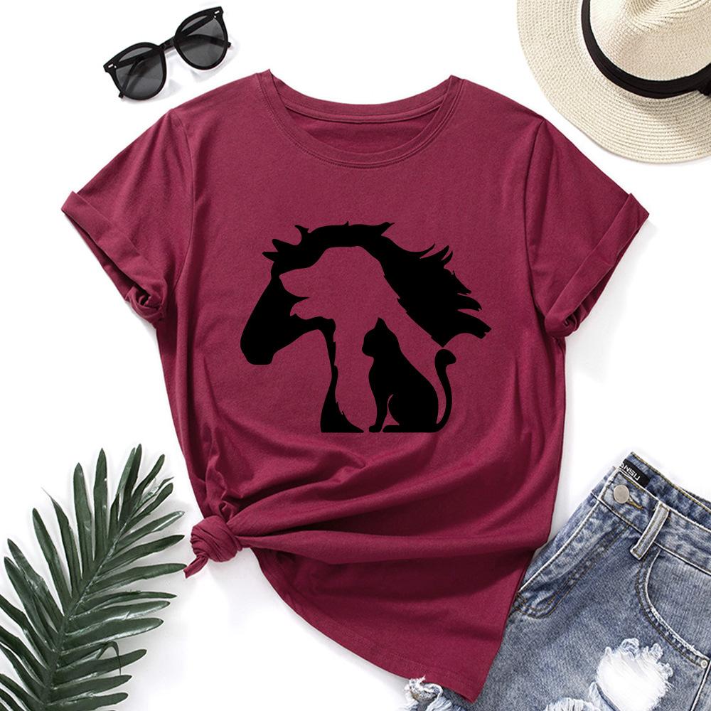 Silhouette Animals Cotton T-Shirt Short Sleeve Round Neck Women 2d Print Tops