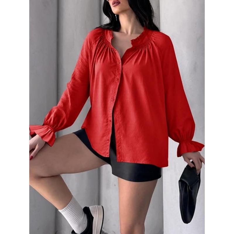 Spring and Autumn New Women's Elegant and Sweet Loose Casual Lantern Sleeve V-neck Ruffle Shirt