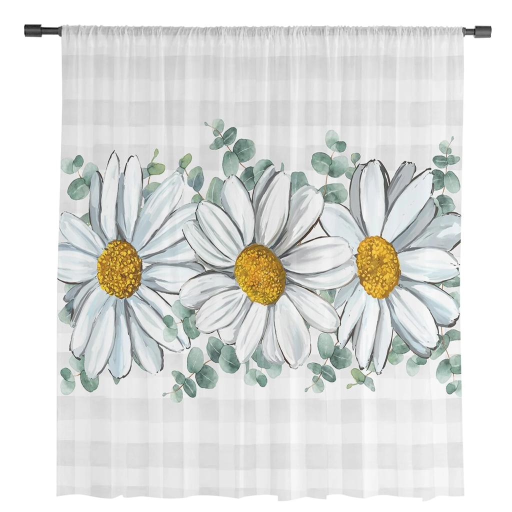Summer White Daisy Watercolor Grid Sheer Curtains for Living Room Bedroom Kids Room Tulle Window Treatment Drapes