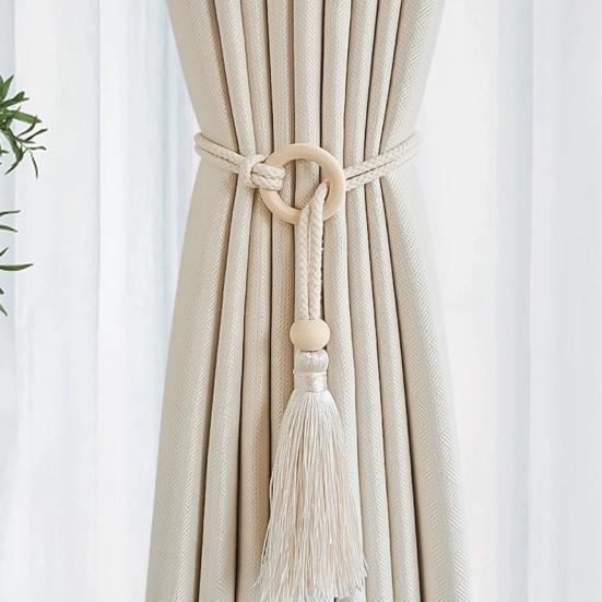 Wooden Ring Tassels Curtain Tieback, Adjustable Window Curtain Holders Ties Backs, No Drill Drape Curtain Holdbacks for Home Bedroom Decor