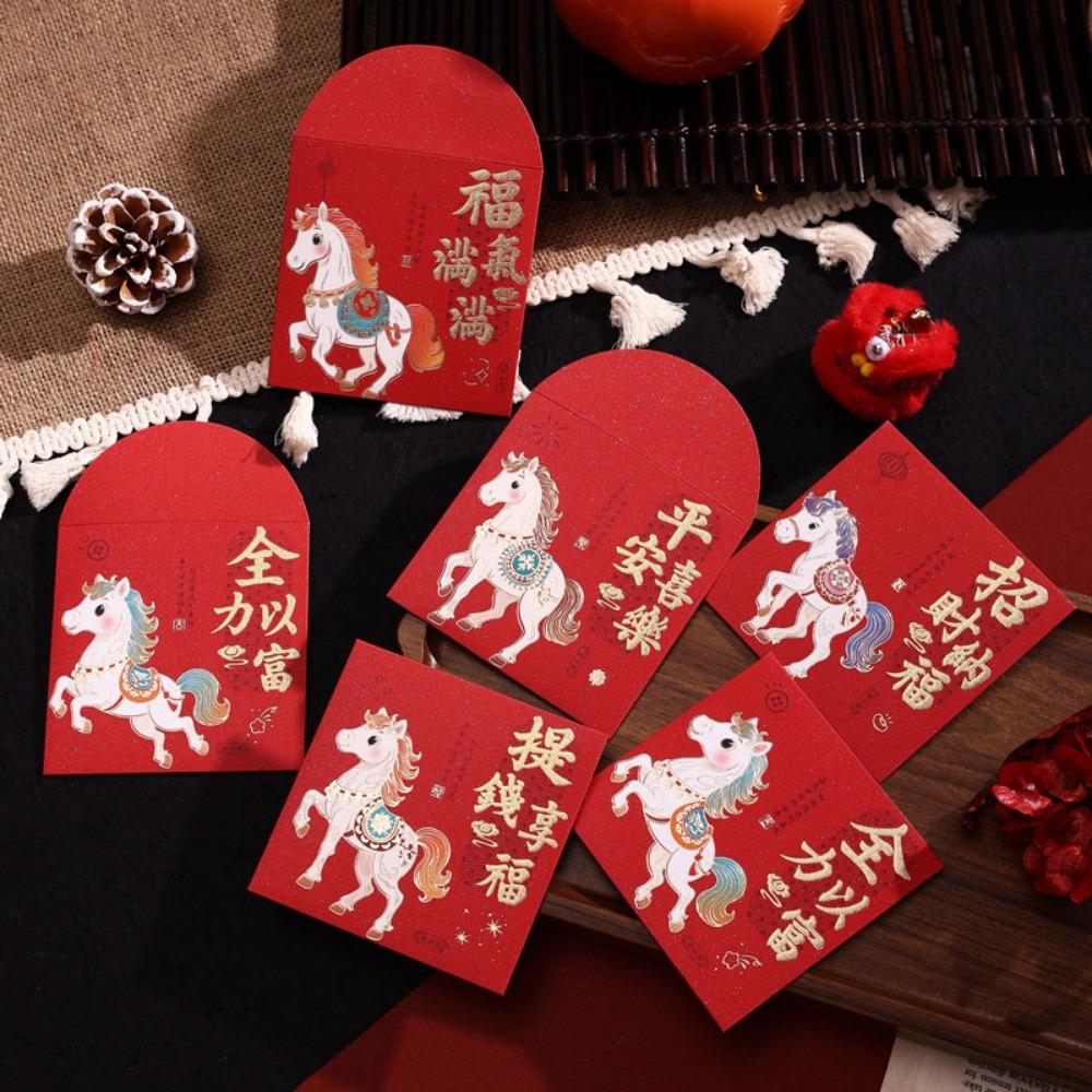 6Pcs Cartoon 2026 Horse Year Red Envelope Paper Red Pocket Cute Lucky Money Bag  Lunar New Year