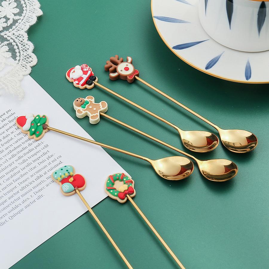 4Pcs Stainless Steel Christmas Coffee Spoon Forks Set with Exquisite Paper Box Stainless Steel Gold Xmas Dinner Tableware