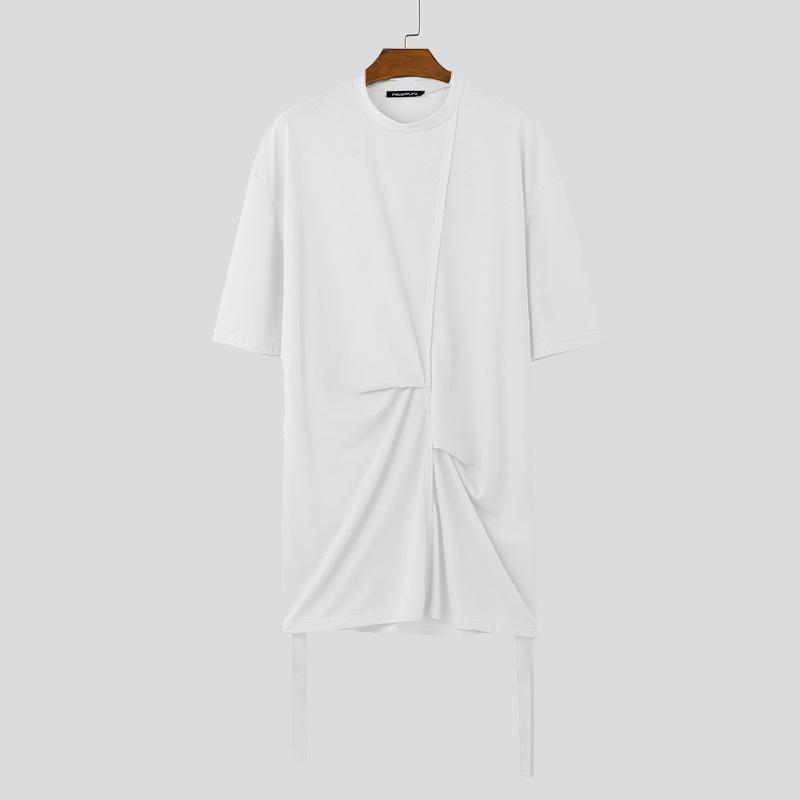 

INCERUN Чоловічі однотонні туніки з короткими рукавами, повсякденні довгі нестандартні футболки з воланами M