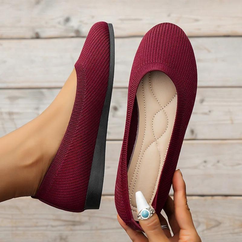 Round Toe Flats for Women Comfortable Knit Ballet Flat Shoes Casual Slip on Shallow Shoes Office Boat Shoes Plus Size Moccasins