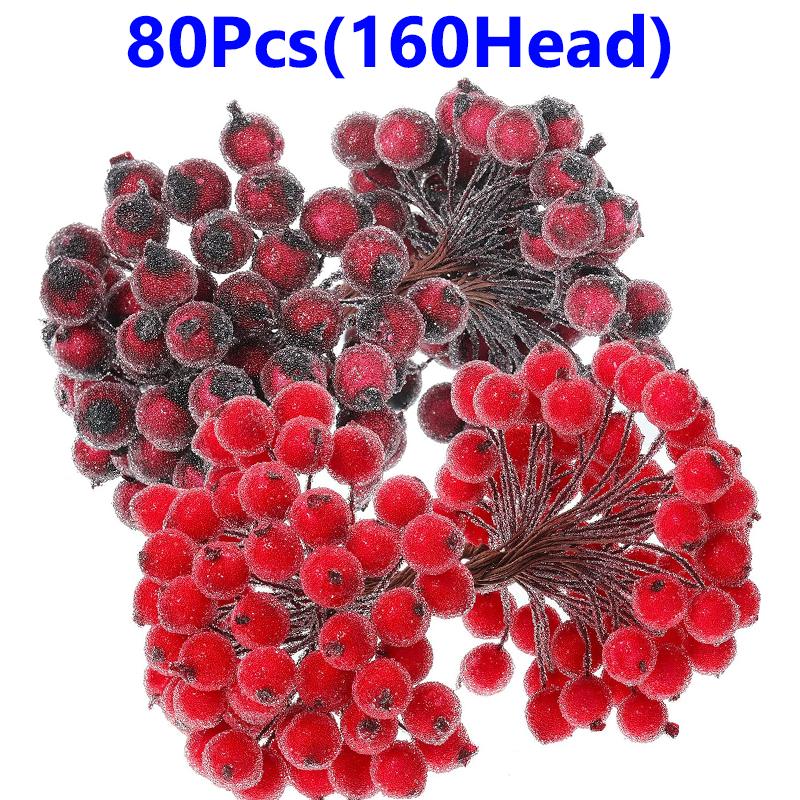 

80/20Pcs Artificial Holly Berries Mini Simulation Cherry Stamen Berry Frosted Double Head Fake Berries For Christmas Party Decor