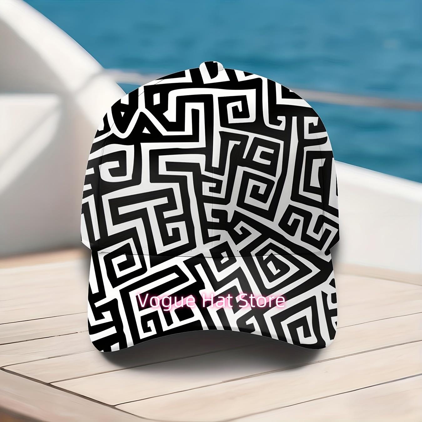 Black And White Printed Baseball Cap, Classic Geometric Pattern Hat, Retro Ethnic Style Cap, Adjustable For Men And Women, Suita
