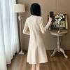 Autumn Winter V-neck Long-Sleeve Knit Dress for Women Elegant Solid Double Pockets Vertical Stripes A-Line Short Sweater Dress