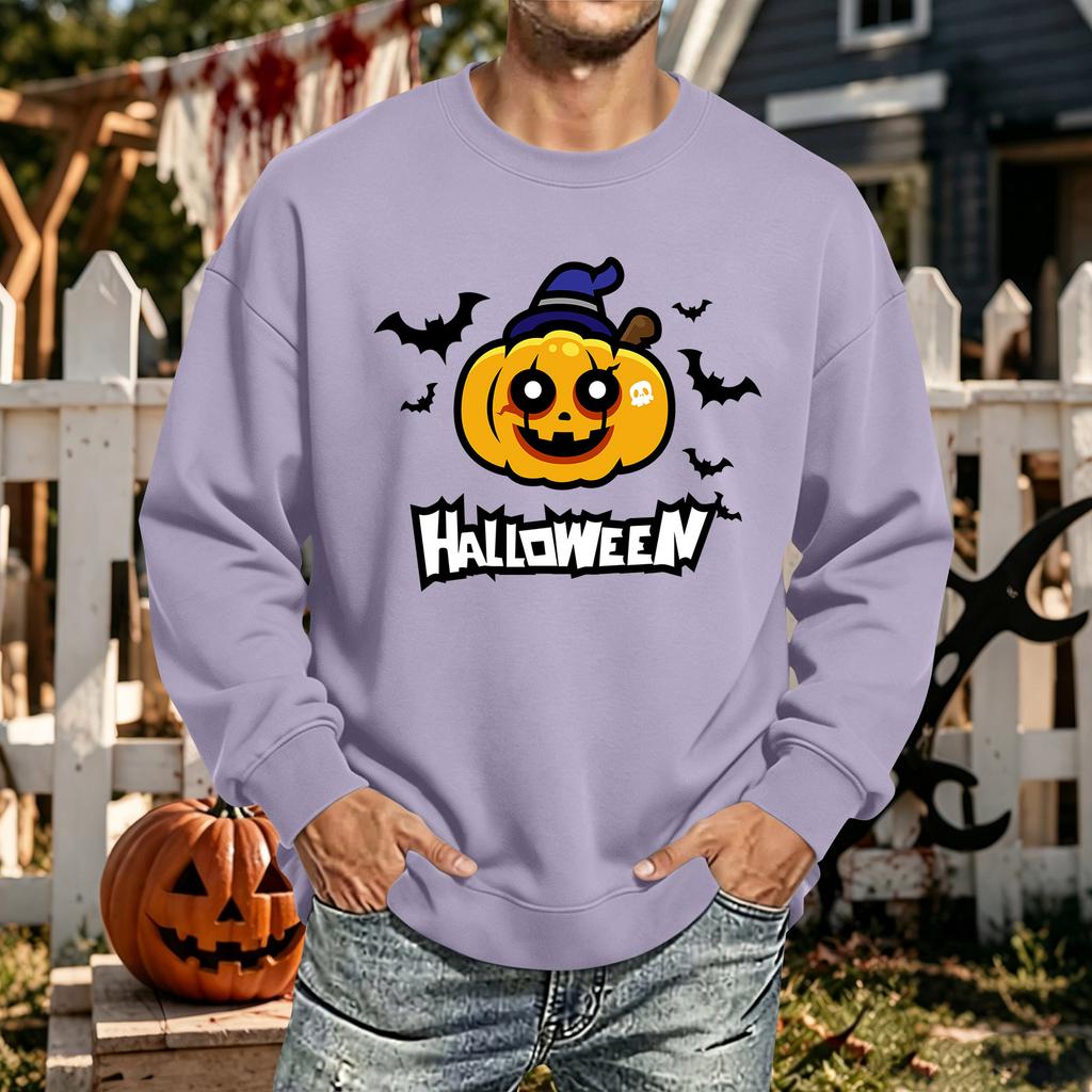 Men's Halloween Printed Long Sleeve T-Shirt Crewneck Casual Sports Top Unisex for Couples