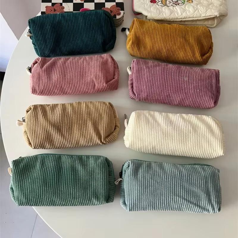 Protective Storage Bag Corduroy Pencil Case INS Style Large Capacity Bag Zipper Office School Supplies,has Random Logo Print