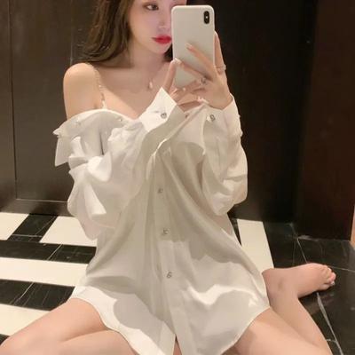 Σέξι Μπλούζα Off Shoulder Γυναικεία Διάφανη Μπλούζα με Κουμπιά Λευκή Μπλούζα Μακρυμάνικη Σιφόν Μπλούζα με Αλυσίδα Γυναικεία Γραφείου Casual