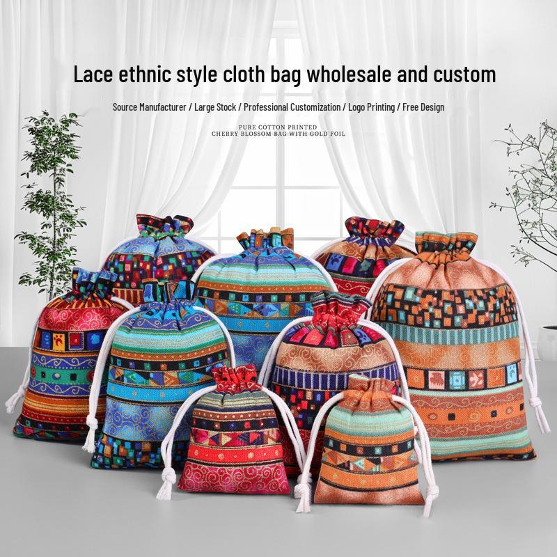 Ethnic Retro Print Stripe Cotton Drawstring Jewelry Gift Bag