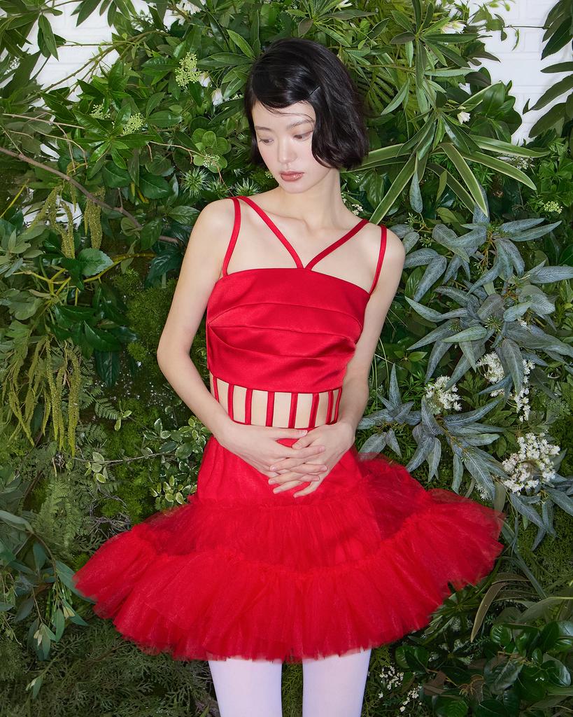 Leobyui Tulle Tiered Skirt Red