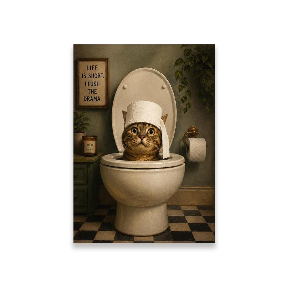 Funny Cat Toilet Art Prints Vintage Bathroom Poster Decor Humorous Wall Print Canvas Painting Toilet Decor