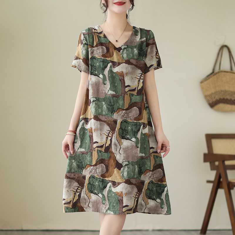 

Temperament V-образный вырез миди винтажный принт свободная юбка А-силуэта с короткими рукавами платье M зелёный