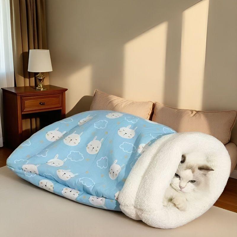 Cozy Winter Cat Bed: Semi-Closed Sleep Nest & Blanket Mat