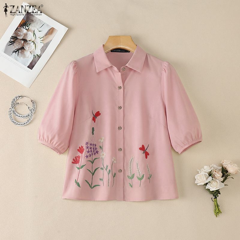 ZANZEA Women Turn Down Collar Casual Floral Print Short Sleeve Blouse
