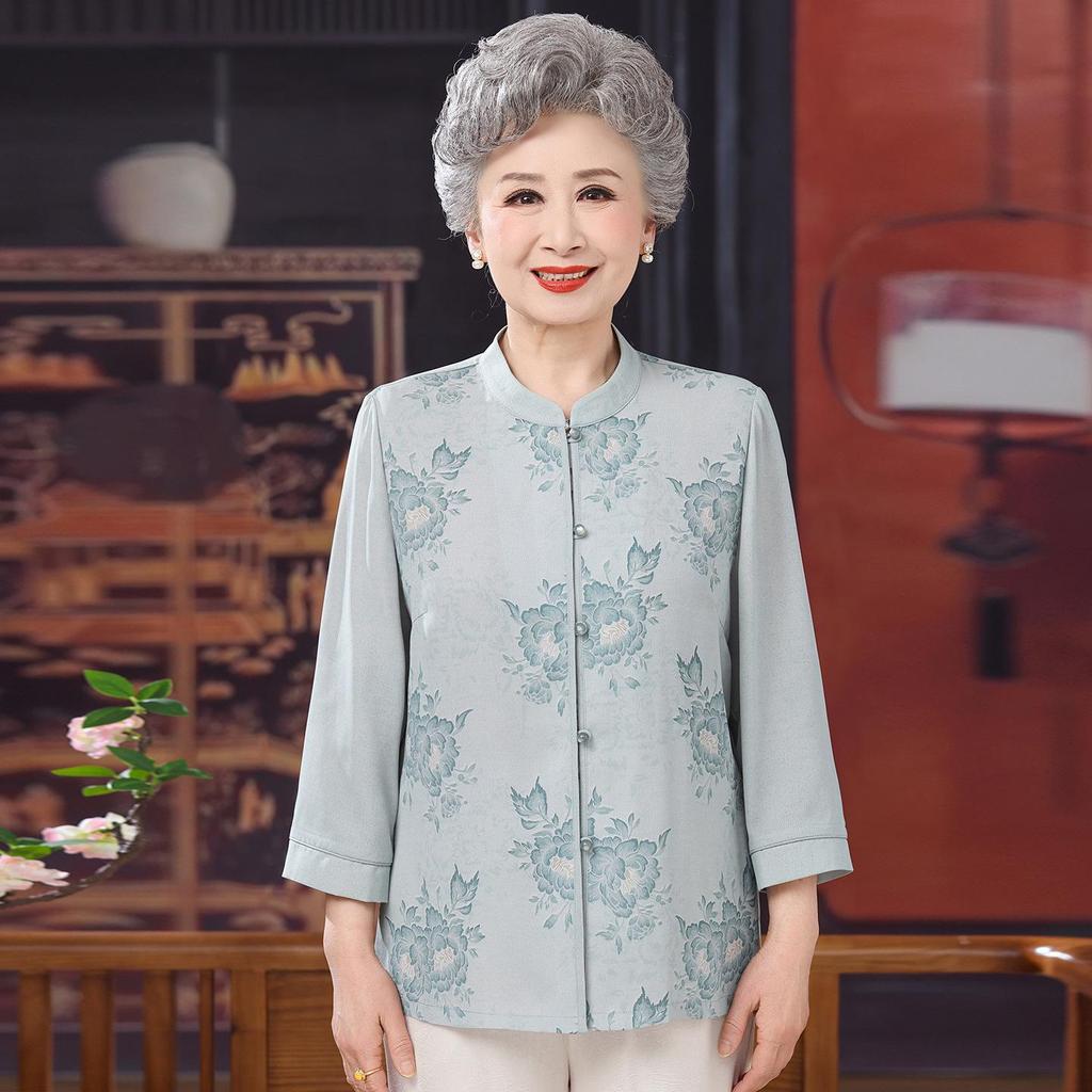 Chiffon Summer Shirt for Elderly Women: Chinese Style Round Neck Fashion.