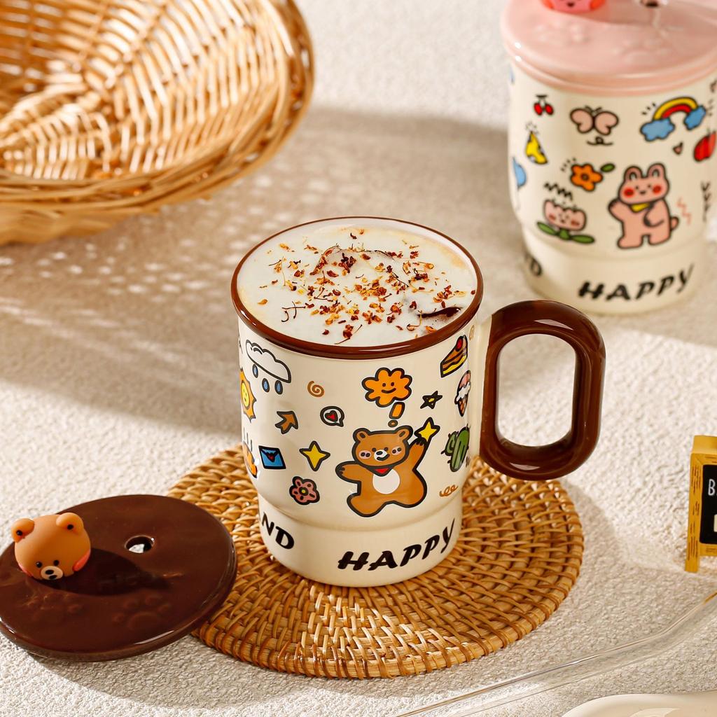 Straw mug with lid High value cute animal ceramic cup Household water cup Couple coffee juice cup