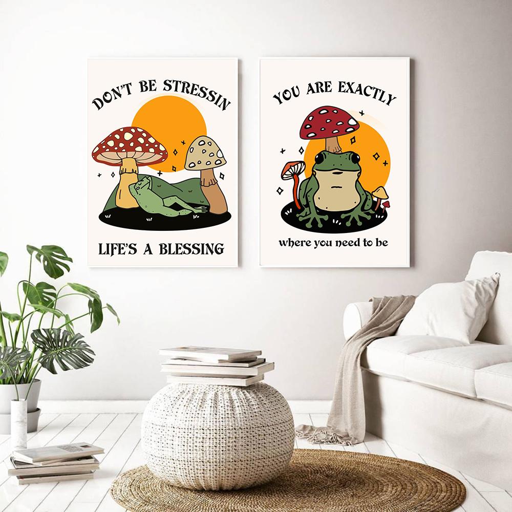 You Are Exactly Funny Mushroom Poster Retro 70s Groovy Hippie Ball Dancing Frogs Canvas Painting Wall Art Pictures Home Decor