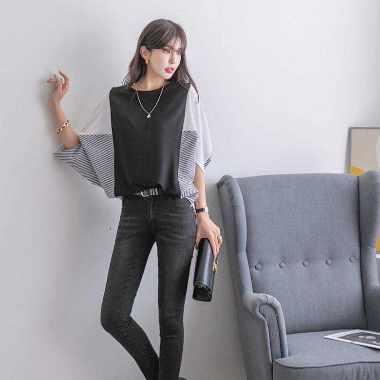 Yaz Kadın Bol Büyük Beden Kısa Kollu Üst Yuvarlak Yaka Renk Bloklu Yarasa Kollu Tişört