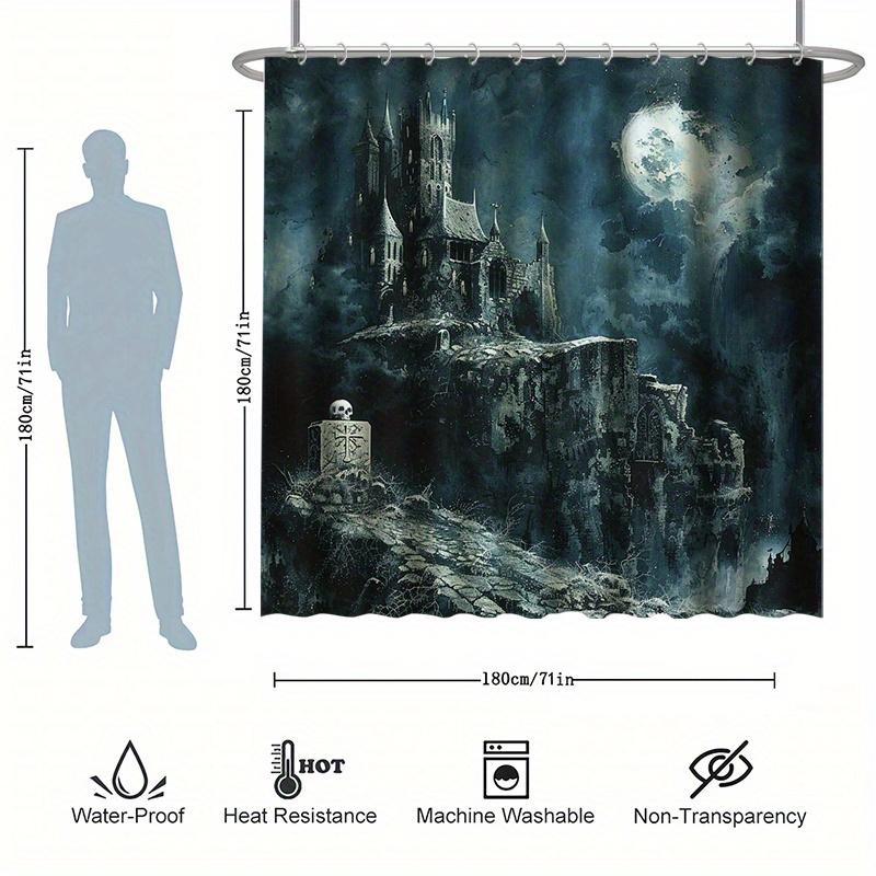 Zestaw zasłon prysznicowych Zamek na Halloween, Starożytny Nawiedzony Zamek, Pełnia Księżyca i Czaszki, Poliester, Przegroda do wanny, Nowoczesny wystrój łazienki
