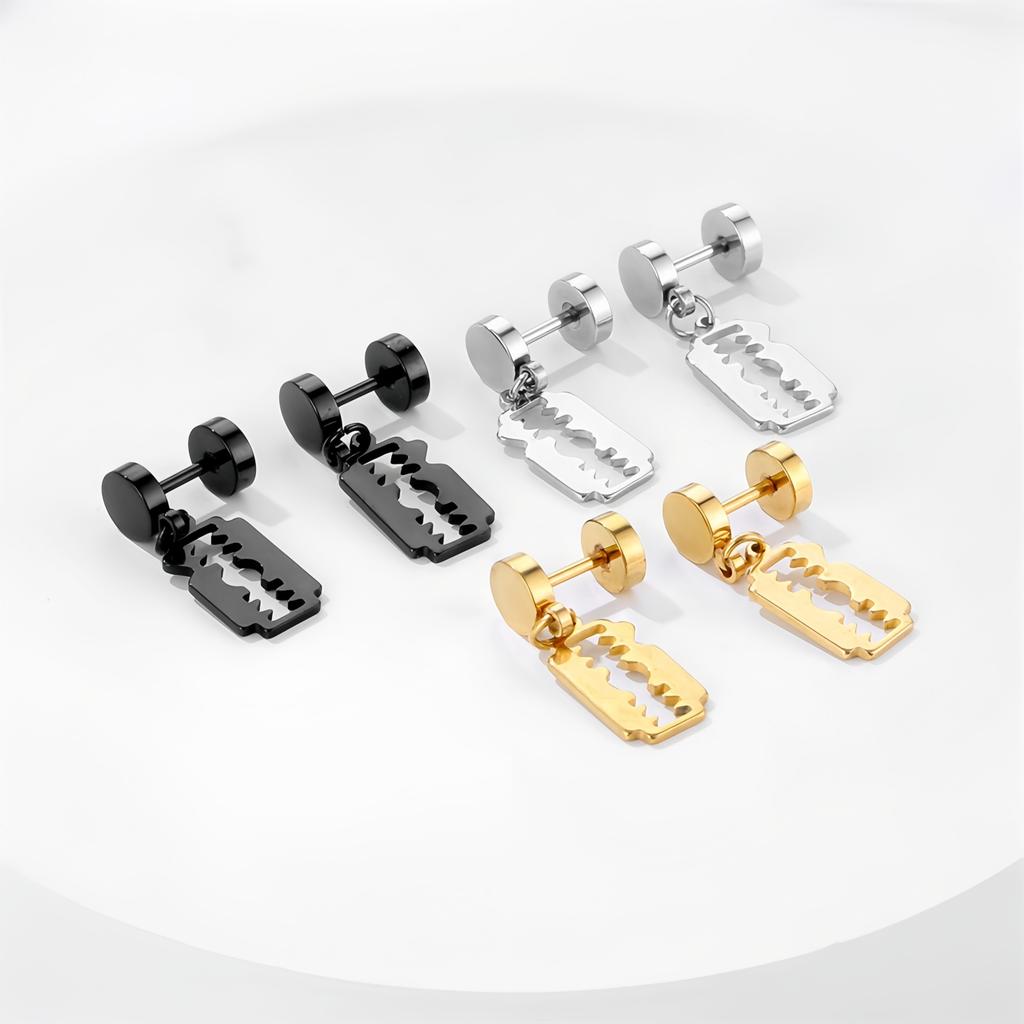 Gothic Style Stainless Steel Stud Earrings with Razor Blade Shape Drop for Men Women Piercing Rock Punk Hip- Hop Fashion Jewelry