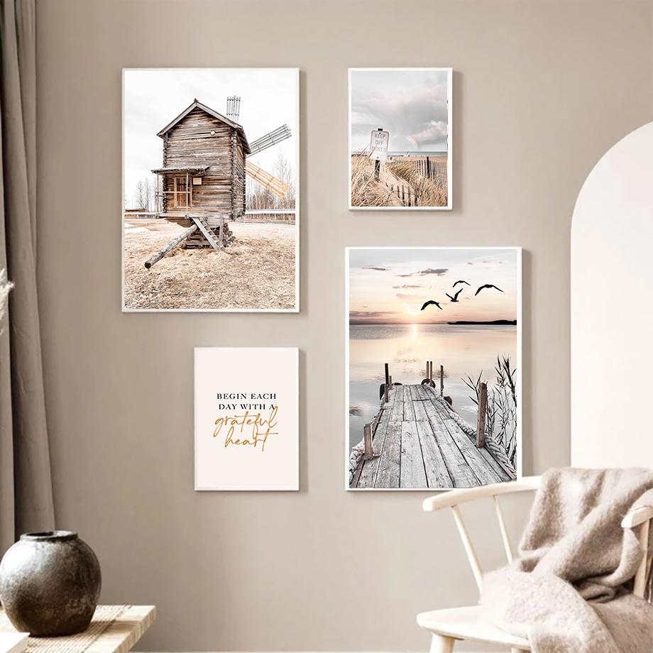 Log Cabin Lake Bridge Flower Bird Coast Wall Art Canvas Painting Modern Living Room Decor Posters And Prints Home Wall Pictures