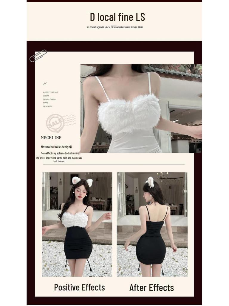 Low-cut Semi-sheer Fur Patchwork Spaghetti Strap Bodycon Dress, 2026 Niche Style