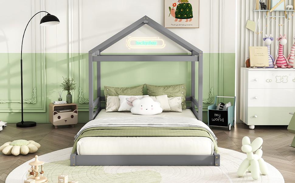 House Bed, 140 X 200 Cm, Children's Bed In House Shape with Slatted Frame (without Mattress), Pine Wood, Minimalist Style, Grey