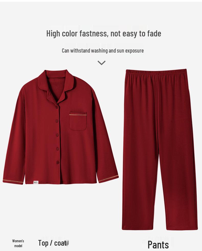 Wedding Couple Red Pajamas Set - Autumn Winter Pure Cotton Long Sleeve Homewear for Him & Her