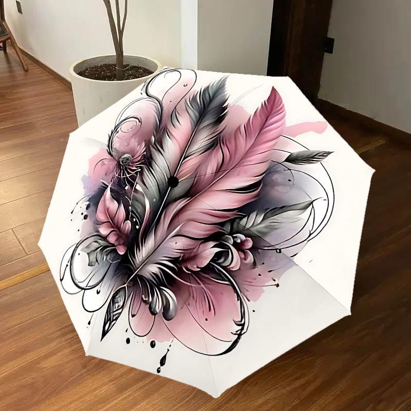 1PC Feathers Ink Umbrella-8-Rib Reinforced, Automatic Open, Lightweight & Durable, Cute Fashion Accessory for Outdoor-P29