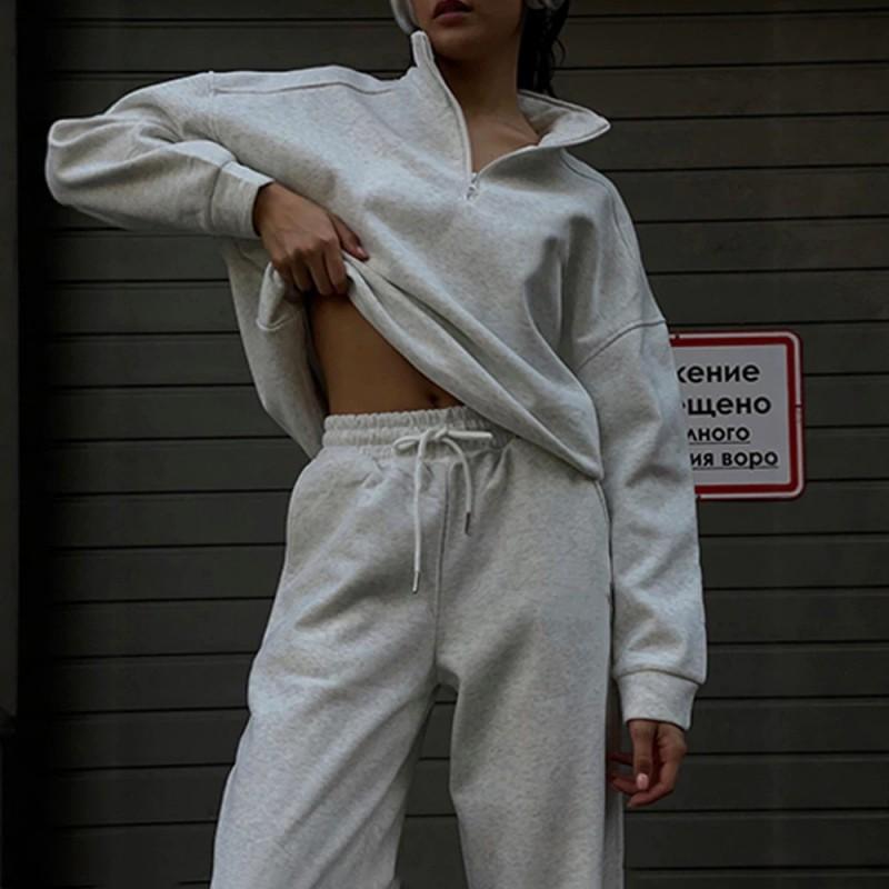 Womens Casual 2 Piece Set Long Sleeve Sweatshirt Pants Solid Color Street Sportswear
