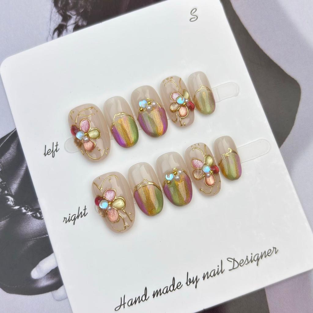 10Pcs Short Handmade Pink Press On Nails Spring French Rhinestone Full Cover Fake Nail Plaid Manicure Wearable Nail Tips Art
