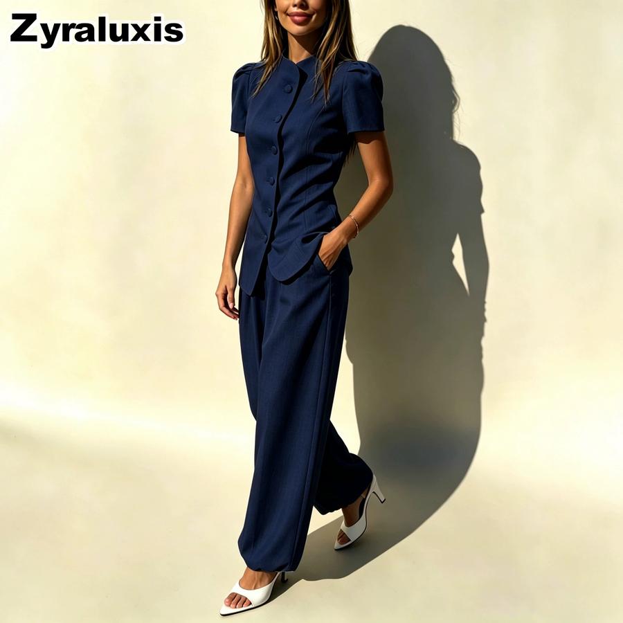 New Fashion Elegant Design Jacket Top High Waist Casual Long Pants Women's Set