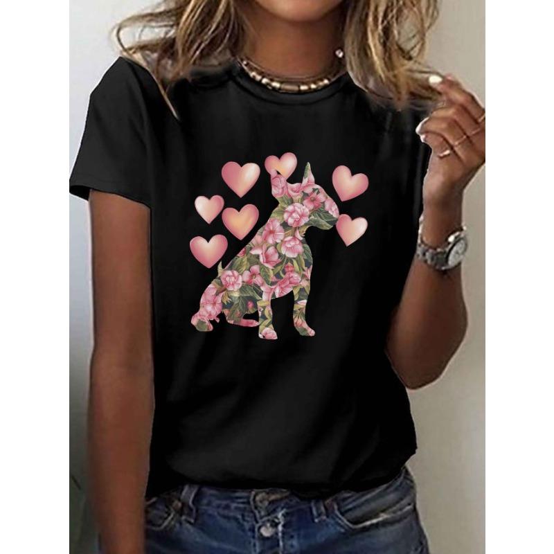 Women's Bull Terrier Dog Lover T-Shirt - Short Sleeve Crew Neck Casual Top with Bull Terrier Floral & Breed Print, Medium Elasticity for,