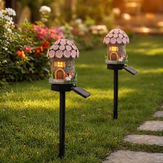 Mushroom Solar Lights, Mushroom House Statue, Fairy Cottage Garden Stake Lights, Waterproof Outdoor Landscape Lights for Yard Patio Lawn Pathway