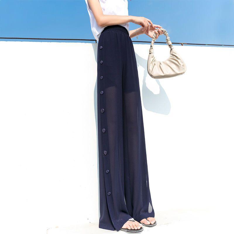 

Women s Summer High-Waisted Ice Silk Wide-Leg Chiffon Pants - Slimming, Floor-Length, Loose, Straight-Leg, Split, Anti-Mosquito Design S (For under 90 jin) темно-синий