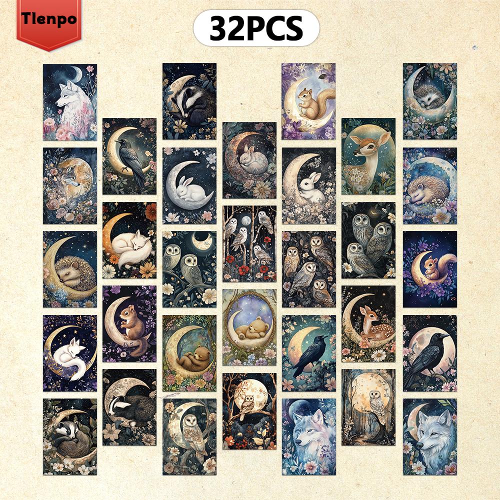 

32 шт., Открытки с животными и луной, Наклейки на стену, Карточки для сообщений, Открытки, Открытки для DIY, Сувенирные открытки, Праздничные украшения