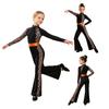 Costum de dans latino-jazz pentru fete, salopetă cu imprimeu leopard, guler înalt, mâneci lungi cu găuri pentru degete, fermoar pe spate, bloc de culori, pantaloni evazați, unitard pentru scenă de concurs