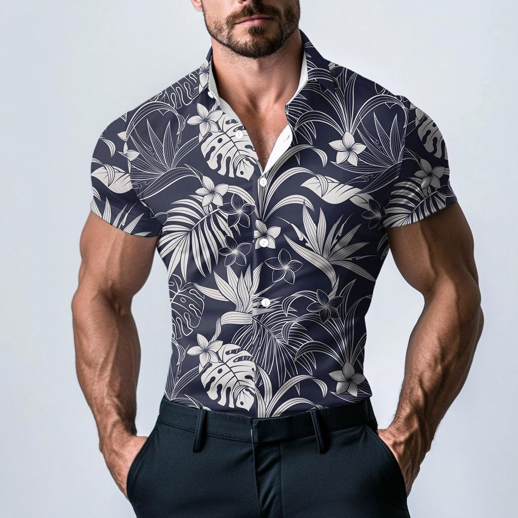 Men's Fashion Printed Satin Short Sleeve Shirt Top