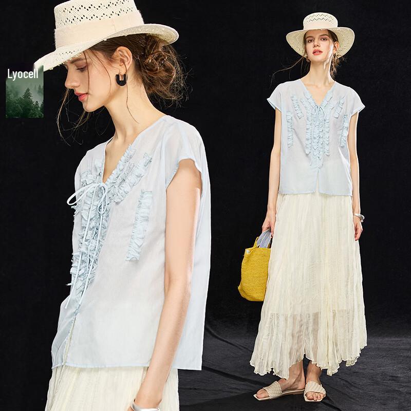 Women s V-Neck Pleated Tencel Blend Blouse L