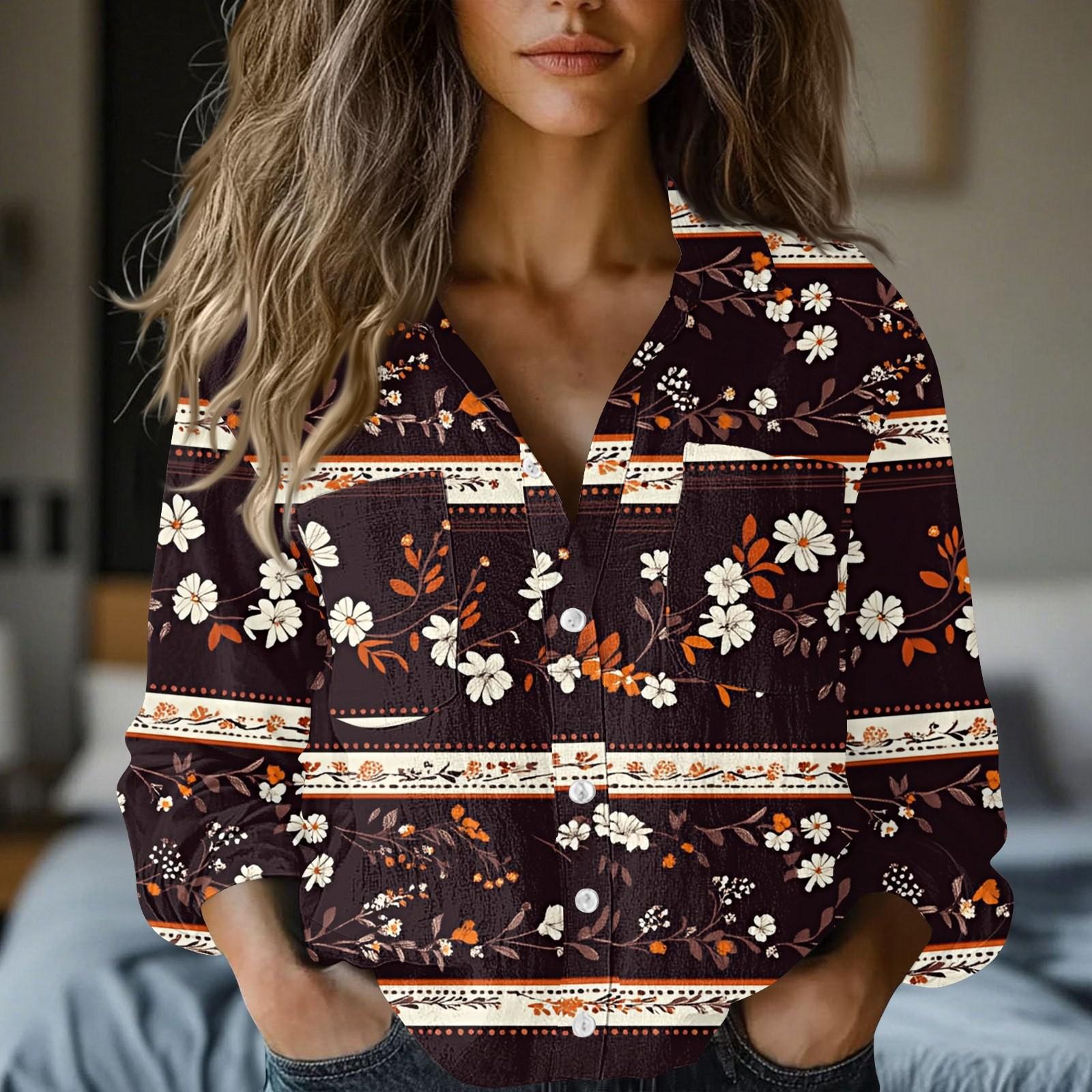 

Жіночі бавовняно-лляні топи, сорочки з довгим рукавом, вільні футболки, вінтажні блузки M коричневий