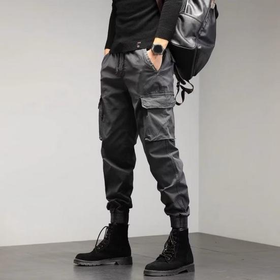 Men Cargo Pants Elastic Waist Adjustable Drawstring Casual Overalls with Multi Pockets Solid Color Regular Fit Pants
