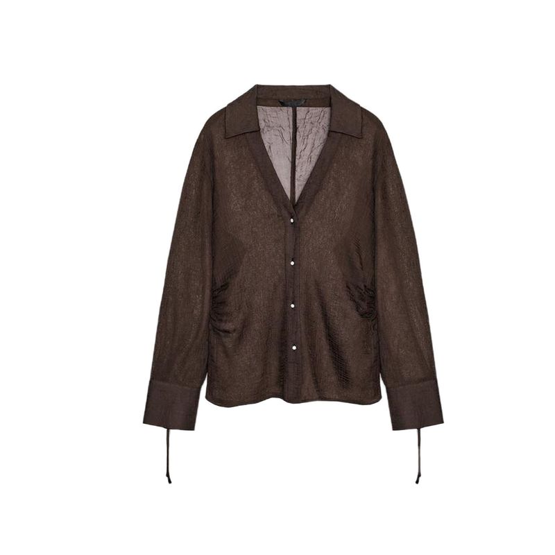 

Autumn New Product Women clothes French style Design Sense V-neck Long sleeve Bowknot Decoration Translucent Shirts 8615737 Dark brown L